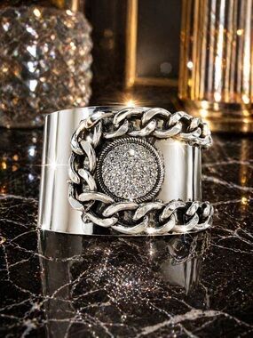 😍NEW Silver Pave Chain Statement Cuff Bracelet